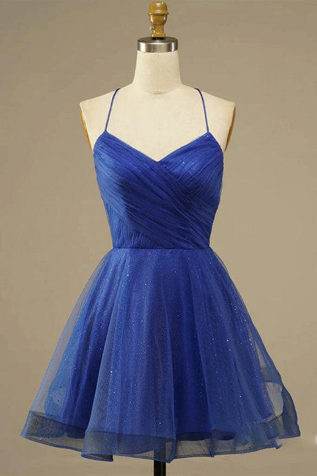 Blue Tulle Straps Short Prom Dress Homecoming Dress Blue Evening Dresses Hand Made Custom Sa56