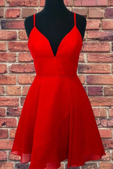Simple Red Short Prom Dresses Hand Made V Neck Short Red Graduation Homecoming Dresses Sa57