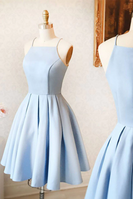 Custom Blue Satin Short Halter Homecoming Dress Short Prom Dress Hand Made Sa59