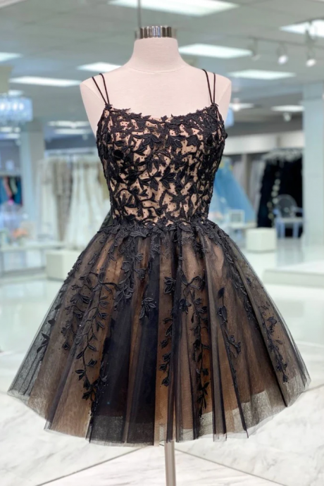 Champagne And Black Lace Prom Dresses Short Black Lace Graduation Homecoming Dresses Sa62