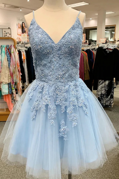 Lovely Blue Tulle V-neckline Beaded Lace Party Dress Hand Made Blue Homecoming Dress Party Dress Sa63