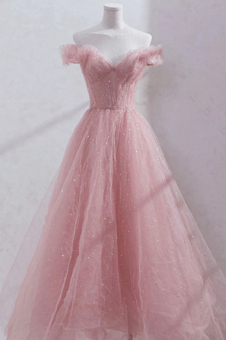 Hand Made Cute Pink Tulle Sequins Long Off Shoulder Party Dress Pink Formal Dresses Sa64