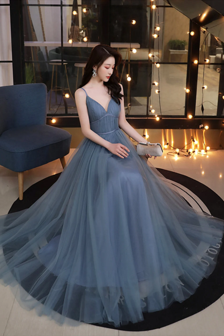 Hand Made Csutom Tulle Simple V-neckline Long Prom Party Dress A-line Formal Evening Dresses Sa68