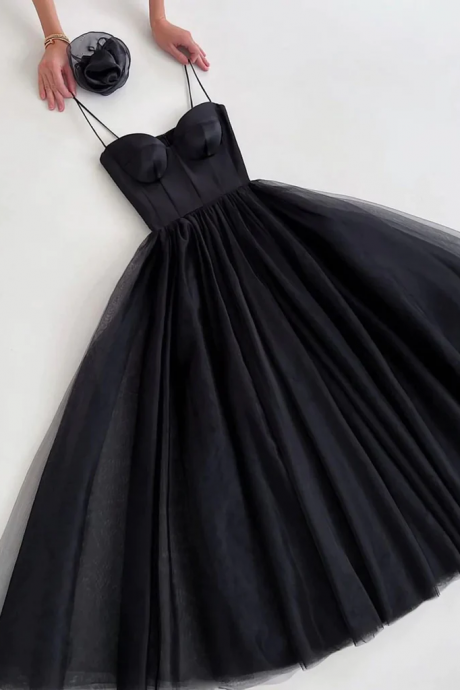 Black Tea Length Prom Dress Formal Homecoming Dresses Evening Dress Sa73