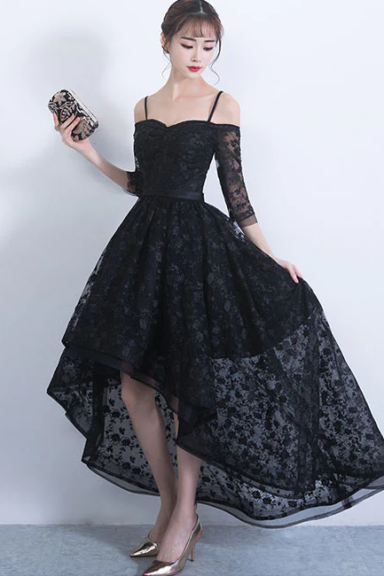 Black Lace High Low Party Dress, Hand Made Custom Evening Dress Homecoming Dress Sa74