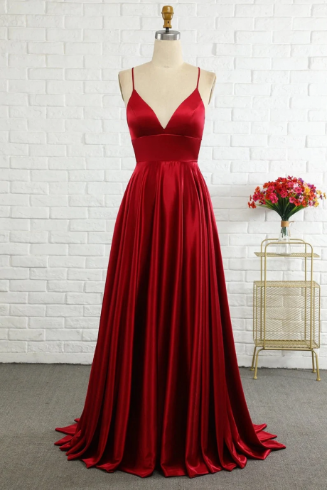Csutom Red V-neck Spaghetti-straps Satin Long Prom Dress, Hand Made Long Evening Dress Sa75
