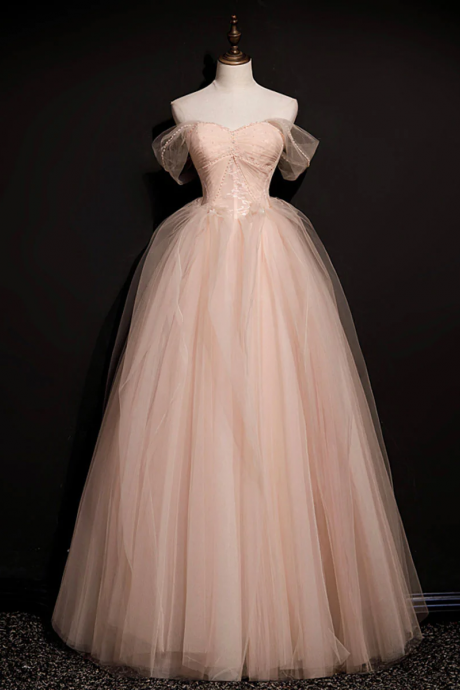 Pink Off Shoulder Tulle Long Party Dress Prom Dress Hand Made Princess Evening Gown Sa76