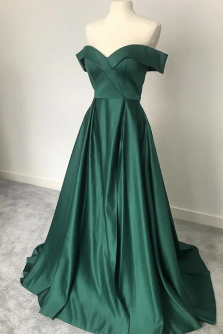 Custom Green Satin Long Prom Dresses Off Shoulder Emerald Green Long Formal Evening Dresses Sa77