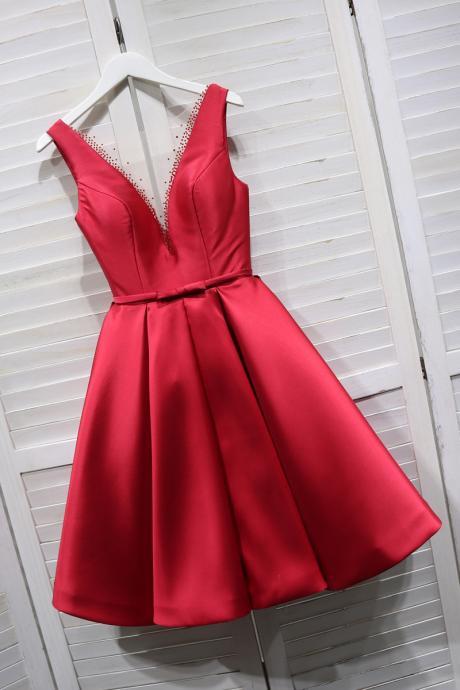 V Neck Red Knee Length Homecoming Dress Hand Made Red Short Prom Dress Sa79