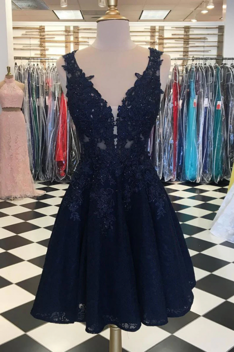 Navy Blue Tulle With Lace Short Prom Dress Hand Made Custom Homecoming Dress Sa80