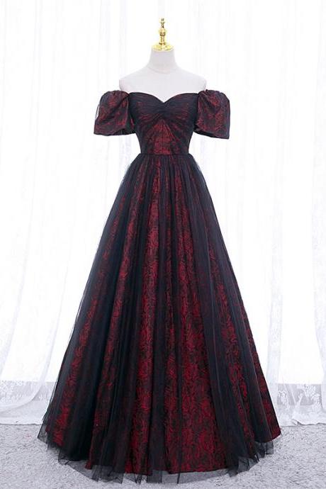 Black And Red Short Sleeves Lace Evening Party Dress, A-line Formal Prom Dress Sa85