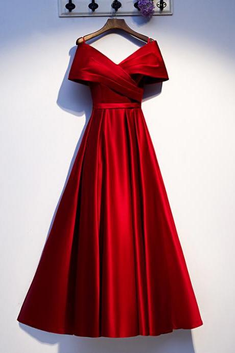 Hand Made Custom Red Satin Off Shoulder Floor Length Party Prom Dress Evening Gown Sa86