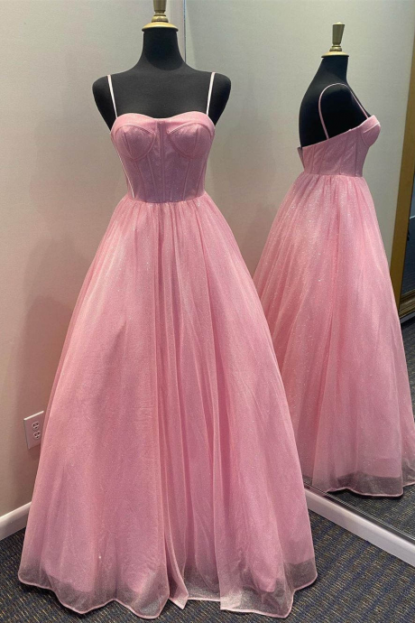 Pink Tulle Shiny Straps Long Party Dress Prom Dress Hand Made Custom Sweetheart Pink Party Dress Sa88