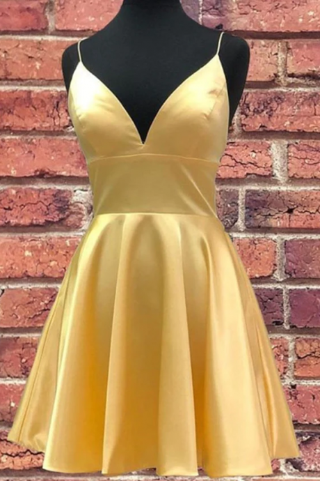 Hand Made Cute Short Yellow Satin Straps Homecoming Dress Simple Prom Dress Sa89