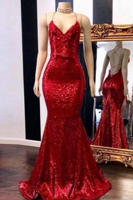 Red Sequins Mermaid Cross Back Long Party Dress Hand Made Custom Red Long Prom Dress Sa96