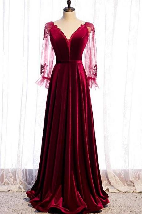 Elegant Wine Red Velvet Long Party Dress Prom Dress Hand Made A-line Long Sleeves Formal Evening Dresses Sa97