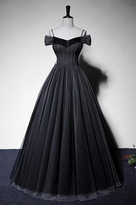 Black Tulle Straps Sweetheart Long Evening Party Dress, A-line Tulle Simple Prom Dress Sa99