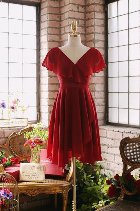 Wine Red Chiffon Short Simple Wedding Party Dress Hand Made Custom Dark Red Bridesmaid Dresses Sa100