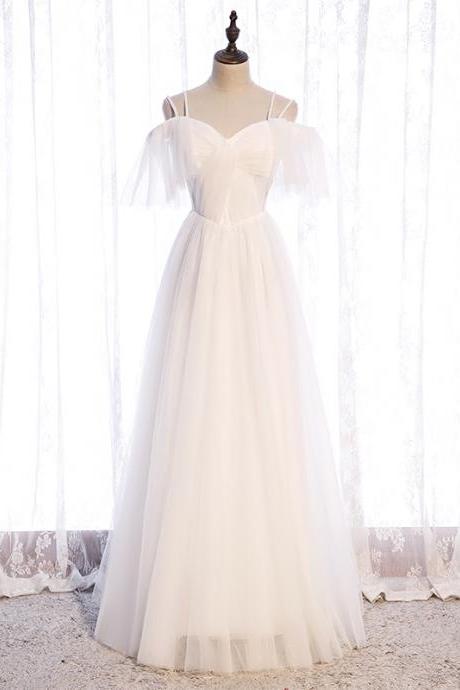 White Tulle Straps Long Evening Dress Party Dress A-line Formal Gown Sa101