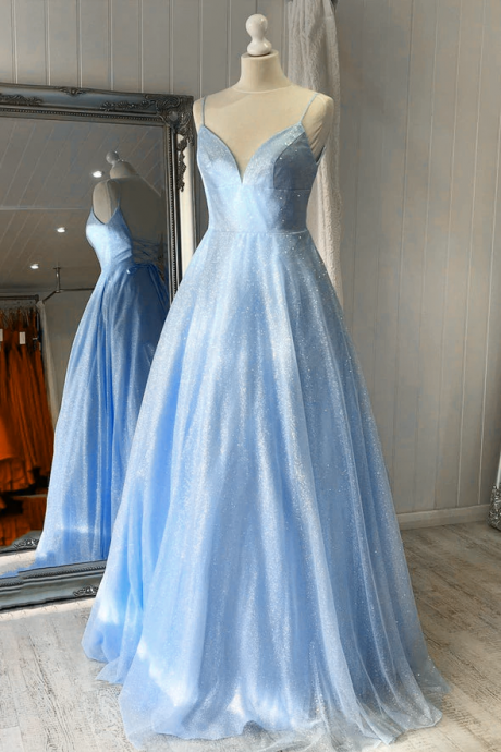 Light Blue Shiny Tulle Simple Long Formal Gown Lace-up Blue Party Evening Dress Prom Dress Sa102