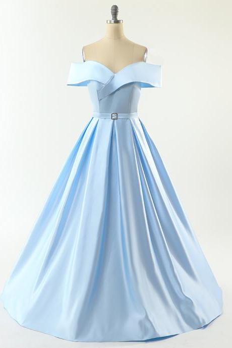 Beautiful Light Blue Satin Off Shoulder Long Evening Dress Satin Prom Dresses Sa105