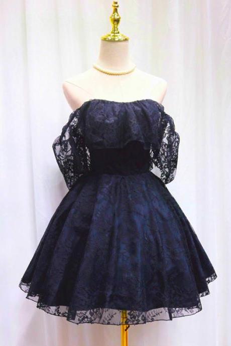 Navy Blue Lace Off Shoulder Short Party Prom Dress Homecoming Dress Party Evening Dresses Sa106