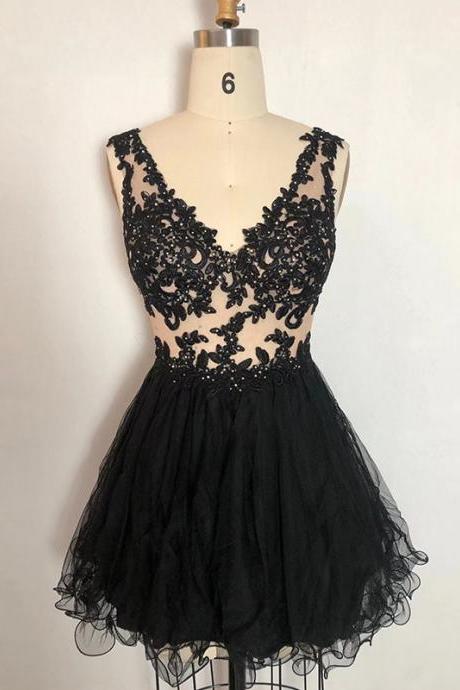 Lovely Black Lace Short Mint Tulle With Lace Low Back Party Dresses Evening Homecoming Dresses Sa109