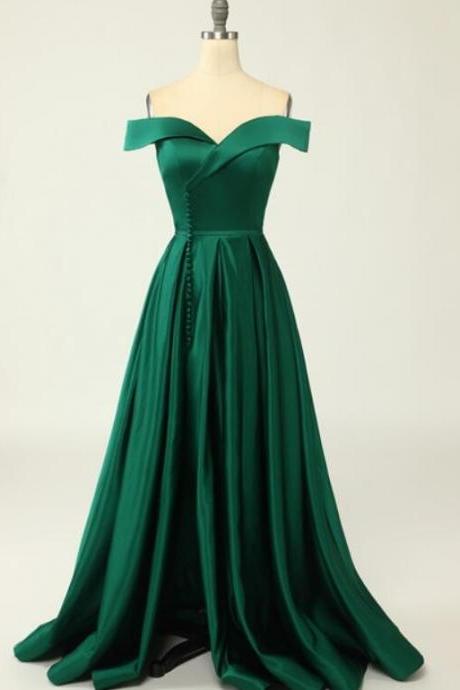 Dark Green Satin Sweetheart Off Shoulder Long Party Prom Dress With Leg Slit Green Formal Evening Dresses Sa110