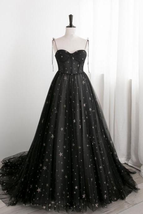 Black Sweethart Tulle Straps A-line Long Evening Gown Formal Evening Dress Black Prom Dresses Sa118