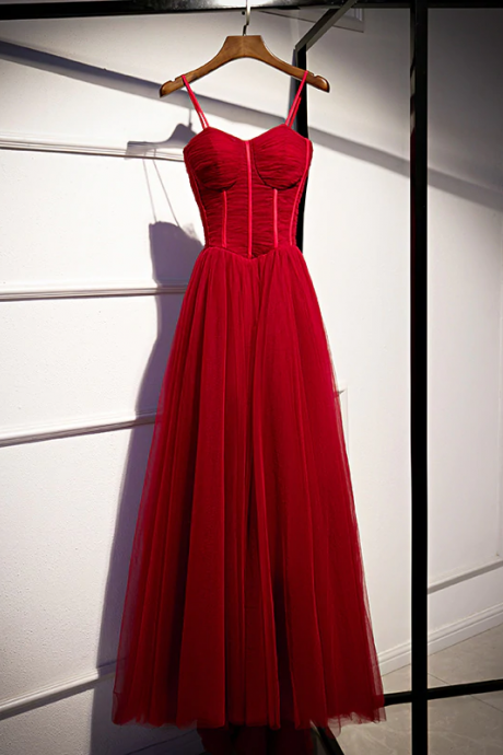 Beautiful Red Straps Tulle Long Party Evening Dress Formal Dress, Red A-line Prom Dresses Sa119