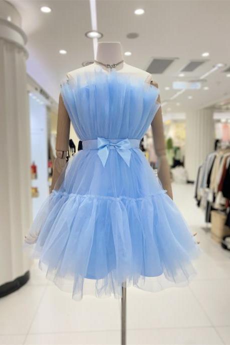 Lovely Light Blue Tulle Short Cute Homecoming Dress Hand Made Blue Evening Dresses Prom Dress Sa120