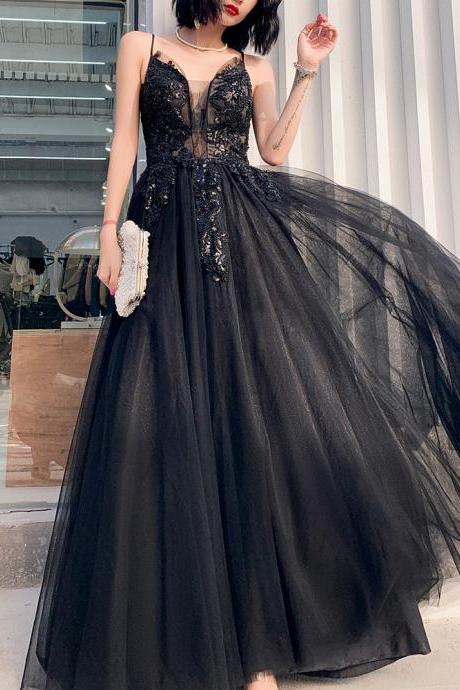 Black Straps Long V Neck Prom Dress Evening Party Dress Black Formal Dresses Sa124