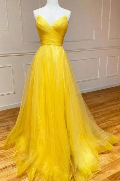 Light Yellow Tulle Cross Back V-neck Tulle Long Prom Dresses Hand Made Yellow Formal Dresses Sa127
