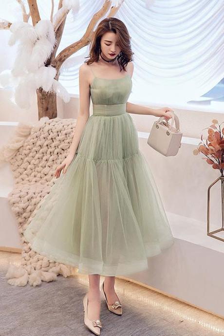 Mint Green Tea Length Scoop Straps Formal Dresses Hand Made Green Short Wedding Party Dress Sa131