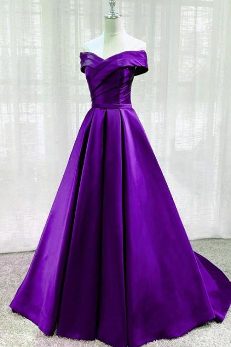 Purple Satin Off Shoulder Long Evening Dress Prom Dress Hand Made Custom Purple A-line Party Dresses Sa132