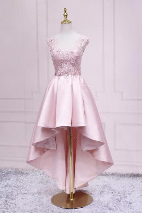 Pink Satin High Low Evening Party Dress With Lace Hand Made Prom Dress Formal Dresses Sa134