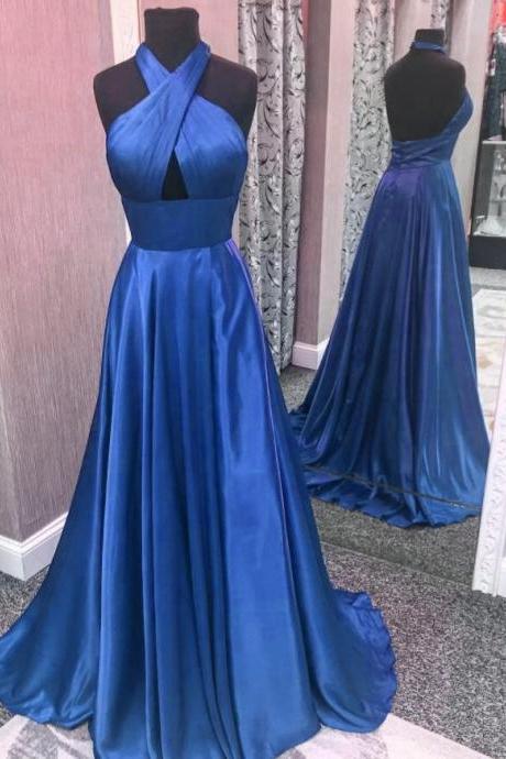 Blue Satin Halter Backless Floor Length Party Dress Hand Made Blue Evening Dress Prom Dress Sa135