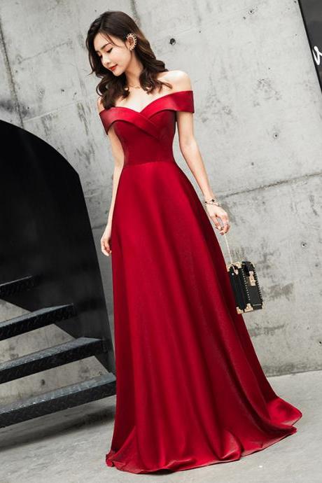 Red Off Shoulder A-line Shiny Satin Evening Dress Prom Dress Hand Made Red Simple Party Dresses Sa136