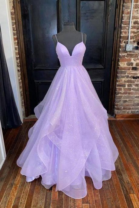 Hand Made Light Purple Straps Shiny Tulle Layers Long Prom Dress A-line Wedding Party Dresses Formal Dress Sa137