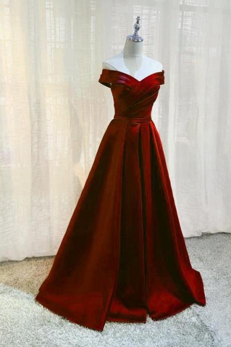 Beautiful Wine Red Hand Made Custom Simple Satin Off Shoulder Evening Gown Long Formal Dresses Sa138