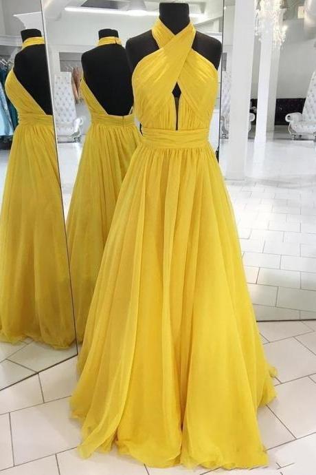 Simple Backless Yellow Chiffon Long Prom Dresses Open Back Yellow Formal Bridesmaid Dresses Sa139