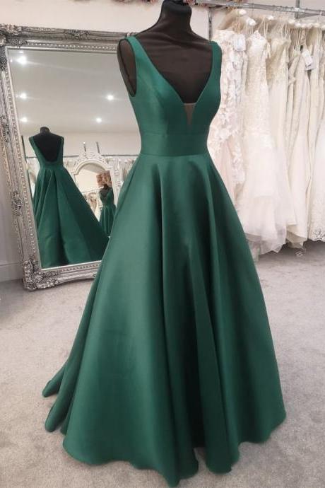 Hand Made Custom Dark Green Satin V-neckline Floor Length Simple Party Dress Junior Prom Dresses Sa142