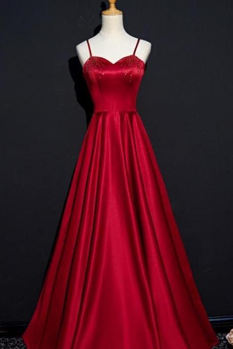 Simple Beaded Sweetheart Satin Full Length Wine Red Party Dress Dark Red Prom Dresses Sa143