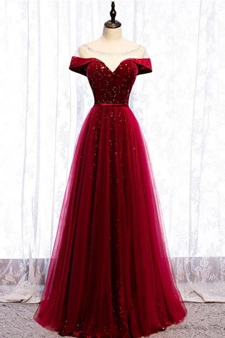 Beatufiul Wine Red Tulle With Velvet Long Party Dress Hand Made Formal Dress Prom Dress Sa144