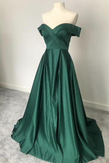 Green Satin Off Shoulder Long Party Dress Prom Dress Hand Made Custom Bridesmaid Dreses Sa145