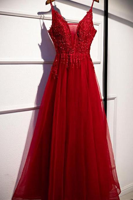 Beautiful Dark Red Lace Tulle Straps Long Prom Dress Hand Made Custom Floor Length Evening Dress Sa148