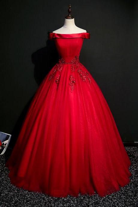 Gorgeous Red Tulle Ball Gown Long Evening Dress Sweet 16 Dresses Hand Made Custom Red Off Shoulder Prom Dress Sa151
