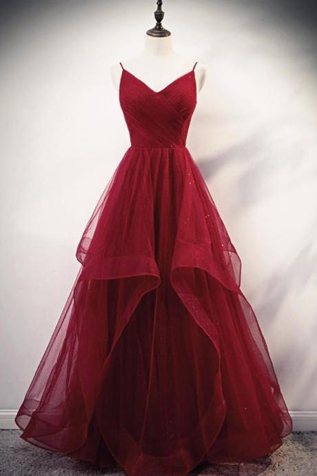 Hand Made Custom Burgundy Shiny Tulle Straps Long Formal Dresses Prom Dress A-line V Neck Party Dress Sa163
