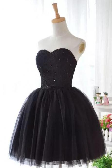 Lovely Black Tulle Beaded Sweetheart Homecoming Dress Hand Made Custom Tulle Short Prom Dress Sa171