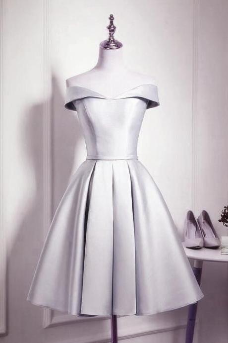 Hand Made Grey Satin Off Shoulder Knee Length Party Dress, Grey Homecoming Dress Evening Dress Sa177